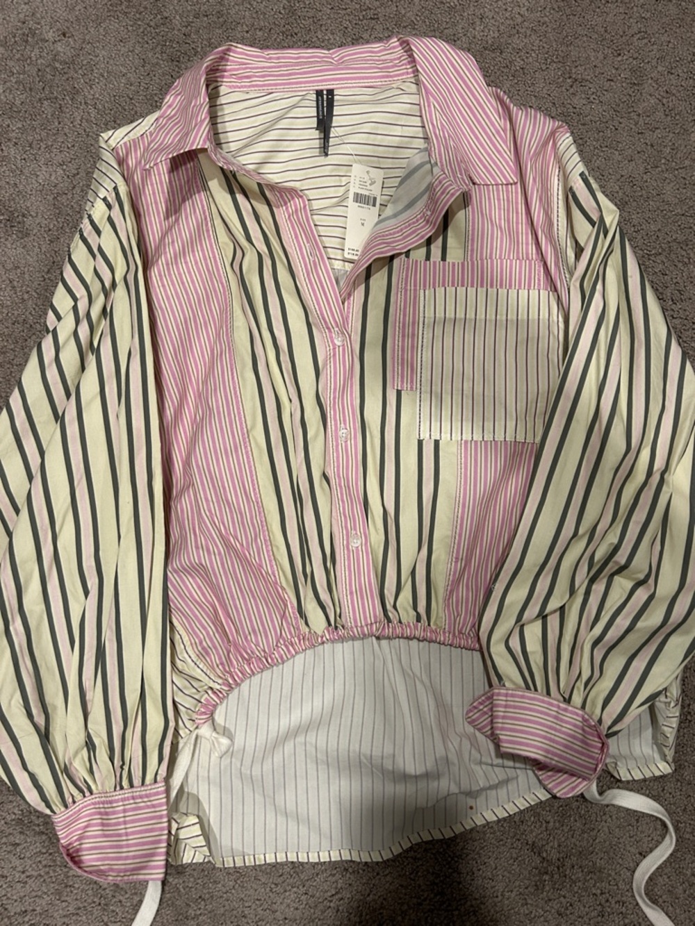 Anthropologie Pink and Green Striped Cropped Button-Up Blouse
